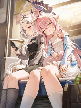 2girls ahoge bag belt black_belt black_halo black_skirt blue_archive breasts commentary_request demon_girl demon_horns demon_wings halo highres hina_(blue_archive) holding holding_phone horns hoshino_(blue_archive) long_hair multiple_girls phone pink_hair purple_eyes ruhia sitting skirt sleeping small_breasts very_long_hair white_hair wings