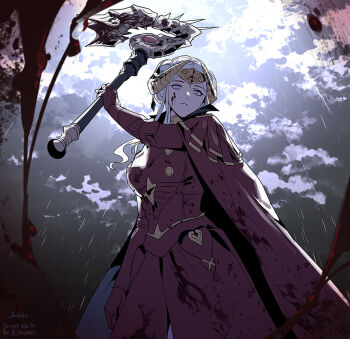 1girl arm_up armor axe battle_axe blood blood_splatter byuub cape closed_mouth cloud cloudy_sky collared_coat double_bun dress edelgard_von_hresvelg edelgard_von_hresvelg_(timeskip) fake_horns fire_emblem fire_emblem:_three_houses hair_bun head_tilt headpiece holding holding_axe horns looking_at_viewer nintendo outdoors pov purple_eyes rain red_cape red_dress shade sky solo storm weapon white_hair