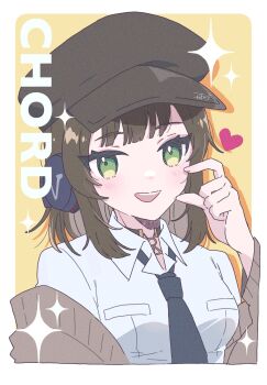 1girl black_hat black_necktie blush border brown_hair brown_jacket character_name collared_shirt commentary green_eyes hat headphones highres jacket long_sleeves necktie newsboy_cap off_shoulder open_mouth outside_border persona persona_5 persona_5:_the_phantom_x pocket popo_mocomoco sakai_ayaka shirt signature simple_background smile solo white_border white_shirt yellow_background