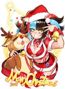1girl absurdres bell belt black_hair blue_hair blush bow bra breasts christmas_tree cleavage cropped_shirt discat fate/grand_order fate_(series) fur-trimmed_headwear fur_trim grin hat highres jingle_bell large_breasts long_hair looking_at_viewer merry_christmas midriff miniskirt multicolored_hair navel red_bra red_hair red_hat red_shirt red_skirt reindeer santa_costume santa_hat sei_shounagon_(fate) shirt short_sleeves skirt smile twintails underwear yellow_eyes