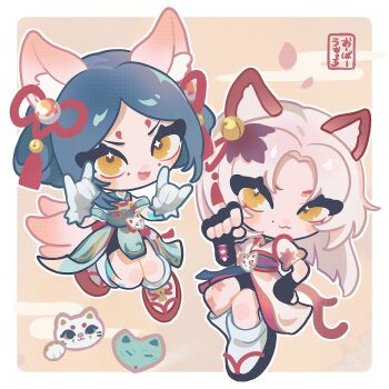 Rule 34 | ak4menosub, animal ear fluff, animal ears, ashe (overwatch), cat ears, cat girl, cat tail, chibi, chibi only, commentary, fox ears, fox girl, fox shadow puppet, fox tail, highres, japanese clothes, kiriko (overwatch), kitsune, multiple tails, nekomata, overwatch, paw pose, stamp mark, symbol-only commentary, tail, two tails, yellow eyes