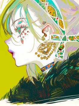 1girl blue_choker choker commentary english_commentary facial_mark green_eyes green_hairband grey_hair hairband highres john_kafka open_mouth original short_hair solo