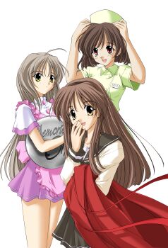 absurdres apron black_hairband blonde_hair brown_hair futami_shion hairband hat highres hizuki_ayaka imasaka_yue maid memories_off memories_off_1 non-web_source nurse_cap nurse_dress official_art open_mouth pink_apron sailor school_uniform short_hair smile