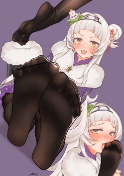 1girl absurdres aiharararara arched_bangs black_pantyhose blush commentary english_commentary eyelashes feet foot_focus foreshortening full_body fur_trim grey_hair hair_bun hair_intakes hair_ornament hairband highres hololive japanese_clothes kimono licking_own_foot long_hair looking_at_viewer murasaki_shion murasaki_shion_(new_year) official_alternate_costume one_side_up open_mouth orange_eyes pantyhose purple_background purple_kimono sidelocks signature single_hair_bun sitting soles spread_legs teeth toe_seam toes upper_teeth_only virtual_youtuber