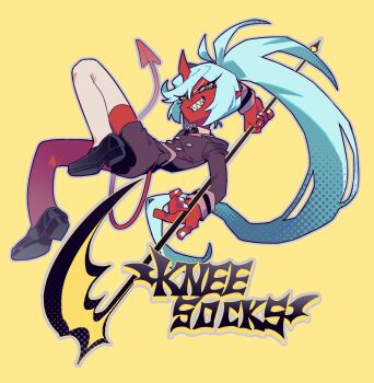 Rule 34 | 1girl, blue hair, breasts, colored skin, demon girl, demon horns, green eyes, hashtag-only commentary, highres, holding, holding scythe, holding weapon, horns, kneesocks (psg), long hair, looking at viewer, medium breasts, panty &amp; stocking with garterbelt, red skin, scythe, silcifer, single thighhigh, solo, thighhighs, weapon, white thighhighs