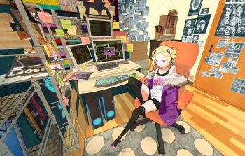 1girl bedroom blonde_hair bookshelf capella_emerada_lugnica carpet chair computer computer_keyboard computer_mouse computer_tower cosplay crossover door feet fur_trim gaming_chair hair_ornament headphones highres jacket manga_(object) monitor mulitcoloured_hair office_chair orange_hair persona persona_5 pink_eyes re:zero_kara_hajimeru_isekai_seikatsu room sakura_futaba sakura_futaba_(cosplay) shirt shorts sticky_note swivel_chair thighhighs tongue variant_set x-ray yumekaleid