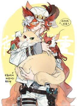 1boy animal animalization belt belt_pouch brown_belt cape cat coldrex8 cowboy_shot fang florian_brand florian_brand_(spirit_fox) grid_print hat highres holding holding_animal holding_cat identity_v jacket male_focus multicolored_hair official_alternate_costume orange_hair pants pouch red_cape richard_sterling richard_sterling_(the_red_knight) small_sweatdrop smile split-color_hair symbol-shaped_pupils thigh_strap translation_request wavy_hair white_hair white_hat white_jacket white_pants yellow_eyes