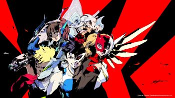 2girls 3boys amamiya_ren black_hair blonde_hair d.va_(overwatch) fox_(persona_5) genji_(overwatch) grin highres joanna_(persona_5) joker_(persona_5) kitagawa_yuusuke lifeweaver_(overwatch) mask meka_(overwatch) mercy_(overwatch) multiple_boys multiple_girls niijima_makoto official_art overwatch overwatch_2 panther_(persona_5) persona persona_5 queen_(persona_5) simple_background smile soejima_shigenori split_theme takamaki_anne
