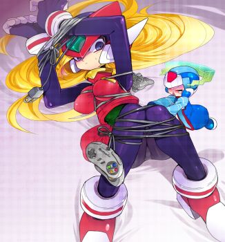 1boy 1girl bdsm bliss_zero_(mega_man) blonde_hair bodystocking bodysuit bondage bound copy_x_(mega_man) cyber_elf_x_(mega_man) full_body genderswap genderswap_(mtf) helmet long_hair mega_man_(series) mega_man_zero_(series) playstation_controller super_famicom_gamepad x_(mega_man) yuriyuri_(ccc) zero(z)_(mega_man) zero_(mega_man)