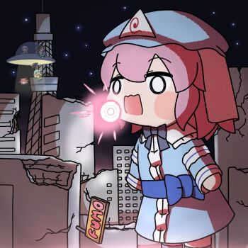 5girls :3 :d abduction animal_ears arm_cannon black_bow black_bowtie black_dress black_footwear blue_bow blue_hat blue_kimono blue_shirt blush_stickers bow bowtie braid brown_eyes brown_hair building cat_ears center_frills closed_eyes collared_shirt crack dress fireball frilled_shirt_collar frilled_sleeves frills giant green_eyes green_hair green_skirt hair_bow hat highres japanese_clothes kaenbyou_rin kimono komeiji_koishi komeiji_satori long_sleeves mob_cap multiple_girls multiple_tails night o_o open_mouth outstretched_arms pink_hair puffy_short_sleeves puffy_sleeves red_hair reiuji_utsuho saigyouji_yuyuko shirt short_hair short_sleeves sign sitting skirt sky sleeves_past_fingers sleeves_past_wrists smile solo_focus spread_arms standing tail third_eye touhou triangular_headpiece twin_braids two_tails ufo waist_bow wavy_mouth weapon white_shirt y75zei yellow_shirt