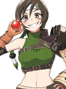 1girl abs armor belt belt_pouch black_belt blush breasts brown_eyes brown_gloves brown_hair brown_shorts chest_harness commentary elbow_gloves final_fantasy final_fantasy_vii final_fantasy_vii_remake fingerless_gloves forehead_protector gloves green_headband green_sweater grin hair_between_eyes hand_on_own_hip hand_up harness head_tilt headband holding kazaguruma2600 looking_at_viewer materia medium_breasts midriff narrow_waist navel parted_lips pauldrons pouch ribbed_sweater short_hair shorts shoulder_armor simple_background single_pauldron sleeveless sleeveless_sweater sleeveless_turtleneck smile solo sweater tomboy toned toned_female turtleneck upper_body white_background yuffie_kisaragi