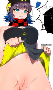 1girl 1other absurdres ankodaihuku arknights black_dress black_scarf blue_eyes blue_hair breasts brown_hair checkered_clothes checkered_scarf cleavage_cutout clothing_cutout commentary_request deepcolor_(arknights) doctor_(arknights) dress gradient_hair grin heart highres large_breasts lifting_own_clothes multicolored_hair navel red_scarf scarf simple_background smile twitter_username two-sided_dress two-sided_fabric two-tone_scarf white_background