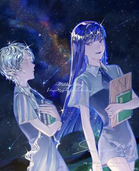 2others blue_eyes blue_hair blunt_bangs book commentary cowboy_shot dutch_angle eyelashes gem_uniform_(houseki_no_kuni) ghost_quartz_(houseki_no_kuni) ghost_to_human highres holding holding_book houseki_no_kuni lapis_lazuli_(houseki_no_kuni) long_hair milky_way multiple_girls multiple_others necktie night night_sky sample_watermark shooting_star short_hair short_sleeves sky smile star_(sky) watermark