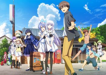 6+boys 6+girls :d animal animal_on_head anime_coloring arms_up black_pantyhose black_socks blue_eyes blue_sky brown_shoes bug butterfly cloud cumulonimbus_cloud day dress glasses heel_up highres holding_another&#039;s_wrist insect jacket japanese_clothes jumping kamiyama_shiki kanou_tenzen key_visual kimono kneehighs kushima_kamome loafers long_hair looking_at_another looking_at_viewer mitani_ryouichi multiple_boys multiple_girls naruse_shiroha no_shirt nomura_miki official_art on_head open_clothes open_jacket open_mouth outdoors outstretched_hand paddle pantyhose pointing promotional_art reaching reaching_towards_viewer red_eyes red_hair sailor_collar sailor_shirt school_uniform serafuku shirt shoes short_sleeves skirt sky smile sneakers socks sorakado_ao standing suitcase summer summer_pockets table_tennis_paddle takahara_hairi tan teeth toned toned_male tree tsumugi_wenders upper_teeth_only water_gun white_sailor_collar white_shirt