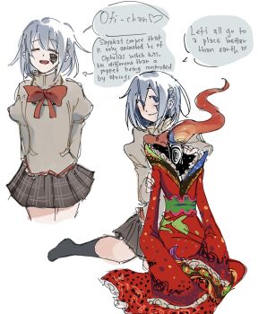 arms_behind_back behind_another blue_hair bow bowtie closed_eyes cowboy_shot english_text facing_viewer fiery_hair hand_on_another&#039;s_arm heart highres mahou_shoujo_madoka_magica mermaidcandle miki_sayaka mitakihara_school_uniform open_mouth ophelia_(madoka_magica) red_bow red_bowtie school_uniform short_hair sitting sketch smile speech_bubble spoken_heart white_background witch_(madoka_magica) yokozuwari yuri