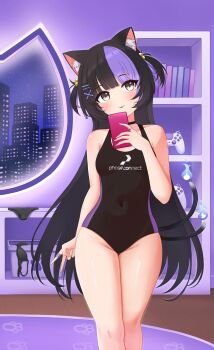 Rule 34 | 1girl, animal ear fluff, animal ears, anya nyabyss, bell, belly, black hair, blush, blush stickers, book, bow, breasts, building, carpet, cat ears, cat tail, city, cityscape, commission, controller, dzulfiqar023, eyelashes, fire, flame-tipped tail, floor, game controller, hair bell, hair bow, hair ornament, hair ribbon, hairclip, highres, knee up, knees up, looking at viewer, medium hair, multicolored hair, navel, nose, one-piece swimsuit, phase connect, phone, purple hair, ribbon, shelf, small breasts, solo, swimsuit, tail, thighs, twintails, virtual youtuber, window, yellow eyes