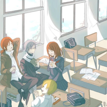 Rule 34 | 1girl, 2015, 3boys, ao oni, bag, blonde hair, brown hair, classroom, glasses, hiroshi (ao oni), konoha kairi, mika (ao oni), multiple boys, red hair, school, school bag, school uniform, takeshi (ao oni), takurou (ao oni), white hair, window