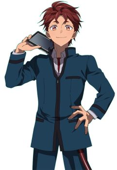 1boy blazer blue_jacket blue_pants chuo_tanegashima_high_school_uniform collared_shirt hand_on_own_hip high_collar holding holding_tablet_pc ikuhashi_muiko jacket long_sleeves looking_at_viewer male_focus pants red_eyes red_hair red_shirt robotics;notes school_uniform science_adventure shirt shirt_under_shirt simple_background smile solo tablet_pc white_background winter_uniform yashio_kaito