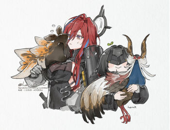 Rule 34 | 2girls, arknights, arknights: endfield, black coat, black hair, coat, commentary request, ember (arknights), endministrator (arknights), eye mask, female endministrator (arknights), gloves, grey background, grey gloves, halo, herayoshi, holding, leotard, long hair, mask, multicolored eyes, multicolored hair, multiple girls, red hair, short hair, simple background, streaked hair, two-tone eyes, upper body, watermark