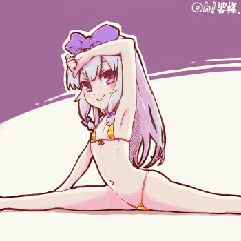 1girl 3.1-tan arm_on_own_head arm_up armpits bikini bow breasts flexible gold_bikini grey_hair groin hair_bow highres imuhata_shimuro legs loli long_hair micro_bikini navel os-tan purple_eyes purple_ribbon ribbon sitting small_breasts smile solo split spread_legs stomach swimsuit thighs