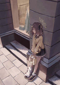 1girl absurdres against_wall bag black_ribbon black_skirt blue_archive brown_eyes brown_hair brown_shoes cardigan commentary_request frilled_skirt frills hair_intakes hair_ribbon halo highres holding holding_bag kogure0012 leg_warmers looking_to_the_side medium_hair neck_ribbon outdoors rena_(blue_archive) ribbon shirt shoes sidelocks single_leg_warmer skirt sneakers solo v_arms white_leg_warmers white_shirt yellow_cardigan yellow_halo