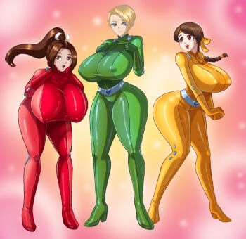 3girls belt bent_over blonde_hair blue_eyes bodysuit breasts covered_erect_nipples curvy female_focus fenrox full_body highres huge_breasts king_(snk) long_hair matching_hair/eyes multiple_girls ponytail shiranui_mai short_hair skin_tight snk the_king_of_fighters thick_thighs thighs totally_spies wide_hips yuri_sakazaki