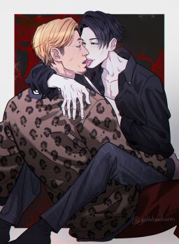 2boys absurdres akutsu_daimu animal_print arm_around_shoulder bare_pectorals black_hair blonde_hair collared_shirt dress_shirt facial_hair goatee highres ice_pick leopard_print licking licking_another&#039;s_face lost_judgment male_focus multicolored_hair multiple_boys open_clothes open_shirt parted_hair partially_undressed pectorals shirt sitting sitting_on_lap sitting_on_person souma_kazuki teppn_(gattobamboom) two-tone_hair yaoi