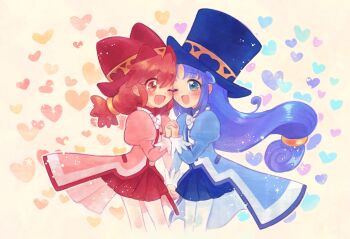 2girls ;d aqua_eyes blue_coat blue_hair blue_hat blue_skirt blush bow bowtie buttons coat commentary cowboy_shot curly_hair curtained_hair face-to-face fine_(futagohime) fushigiboshi_no_futago_hime happy hat heart heart_background highres holding holding_hands interlocked_fingers legs_together long_hair long_sleeves looking_at_another low-tied_long_hair low_twintails miniskirt multiple_girls one_eye_closed open_mouth overcoat pantyhose pink_coat pleated_skirt puffy_long_sleeves puffy_sleeves red_eyes red_hair red_hat red_skirt rein_(futagohime) siblings sisters skirt smile top_hat twins twintails white_background white_bow white_bowtie white_pantyhose yuchika_sr