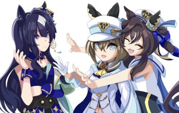 Rule 34 | 1girl, 3girls, absurdres, animal ears, ascot, asymmetrical clothes, asymmetrical jacket, beret, blue cape, blue eyes, blue hair, blue ribbon, breasts, brown hair, cape, cheval grand (grand itineraire) (umamusume), cheval grand (umamusume), closed eyes, closed mouth, commentary request, ear covers, ears through headwear, gloves, hair between eyes, hat, hat belt, highres, horse ears, horse girl, jacket, long hair, midriff peek, multicolored hair, multiple girls, navel, one-piece swimsuit, open mouth, peaked cap, ribbon, sailor collar, shirt, simple background, single ear cover, single glove, smile, streaked hair, swimsuit, swimsuit under clothes, twintails, umamusume, v sisters, verxina (le beau sommet) (umamusume), verxina (umamusume), vivlos (umamusume), vivlos (voyage etincelant) (umamusume), white background, white hair, white hat, white jacket, white sailor collar, white shirt, xiaofeng, yellow ascot