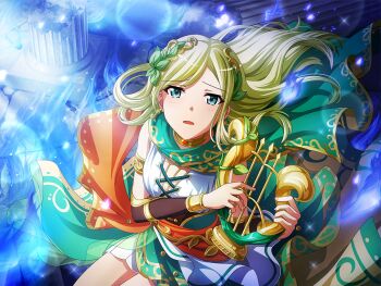 Rule 34 | 1girl, aqua eyes, blonde hair, broken, cosplay, earrings, furrowed brow, game cg, greek mythology, green scarf, headpiece, holding, holding instrument, holding lyre, instrument, jewelry, looking at viewer, lyre, official art, orpheus (mythology), orpheus (mythology) (cosplay), parted lips, scarf, shoujo kageki revue starlight, shoujo kageki revue starlight -re live-, solo, tunic, upper body, yumeoji fumi