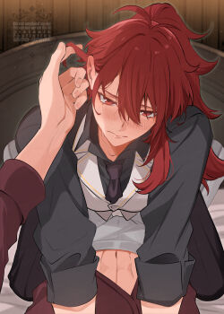 2boys abs black_necktie blush closed_mouth collared_shirt commentary_request diluc_(genshin_impact) genshin_impact grey_shirt hair_between_eyes hand_in_another's_hair highres hiki_yuichi long_hair long_sleeves male_focus midriff multiple_boys navel necktie open_collar ponytail pov red_eyes red_hair red_shirt shirt sleeve_cuffs straddling tartaglia_(genshin_impact) vest watermark white_vest yaoi