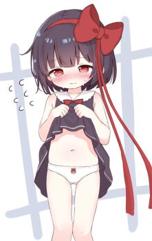1girl black_dress blush bow brown_eyes brown_hair clothes_lift commentary_request dress dress_lift embarrassed flying_sweatdrops hair_bow lifting_own_clothes loli miria_(mamamamave) navel original panties print_panties red_ribbon ribbon short_hair sleeveless sleeveless_dress solo stomach tears thighs underwear white_panties