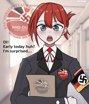 absurdres armband black_suit blush bow bowtie breast_pocket english_text fangs formal_clothes german_text grey_eyes highres holding holding_paper koalakanru nazi open_mouth original paper pocket red_bow red_bowtie red_hair school shirt shirt_under_shirt short_hair student_council_uniform suit swastika talking white_shirt