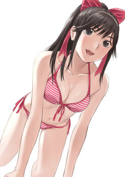 1girl absurdres bikini black_eyes black_hair breasts cleavage front-tie_bikini_top front-tie_top highres long_hair love_plus medium_breasts miato ponytail red_bikini side-tie_bikini_bottom sidelocks simple_background solo striped_bikini striped_clothes swimsuit takane_manaka white_background