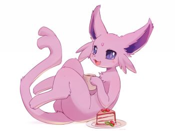 Rule 34 | :3, ancesra, animal focus, artist name, blush, cake, cake slice, cheesecake, coffee, colored sclera, cup, drink, espeon, fangs, food, forehead jewel, forked tail, from side, fruit, full body, gem, gen 2 pokemon, hand up, happy, highres, holding, holding cup, holding drink, leaning back, legs up, looking at viewer, mug, nintendo, no humans, open mouth, pink gemstone, plate, pokemon, pokemon (creature), purple eyes, purple sclera, revision, simple background, sitting, sketch, skin fangs, smile, solo, steam, strawberry, tail, watermark, white background