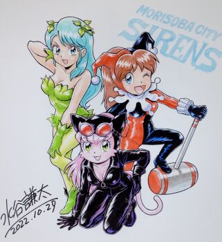 age_difference batman_(series) blue_eyes blue_hair brown_hair cat catsuit catwoman catwoman_(cosplay) child cosplay dc_comics female_focus furry genji_tsuushin_agedama goggles green_eyes hammer harley_quinn harley_quinn_(cosplay) hat heike_ibuki highres ivy jester jester_cap jester_girl kuki_rei loli long_hair official_art pink_fur pink_hair plant poison_ivy ponytail smile tail tenpuraken warner_bros.