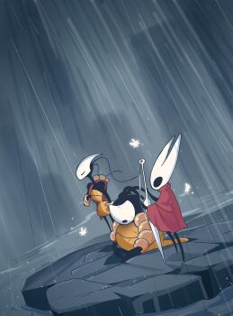 3girls armlet bag chakram cloak corpse highres hollow_knight hollow_knight:_silksong hornet_(hollow_knight) instrument jewelry map mask multiple_girls music necklace playing_instrument rain red_cloak scroll shakra_(hollow_knight) shoulder_bag spoilers starowarblern violin water weapon