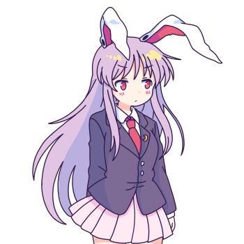 1girl absurdres animal_ears black_jacket blazer blush closed_mouth collared_shirt commentary crescent crescent_pin english_commentary highres jacket long_hair long_sleeves necktie pink_skirt pioartstuff pleated_skirt purple_hair rabbit_ears rabbit_girl red_eyes red_necktie reisen_udongein_inaba shirt skirt solo touhou transparent_background very_long_hair white_shirt