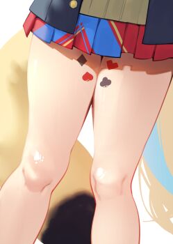 Rule 34 | 1girl, absurdres, club (shape), diamond (shape), fox tail, heart, highres, hololive, knees, leg tattoo, lower body, miniskirt, multicolored skirt, omaru polka, omaru polka (school uniform), pleated skirt, simple background, skirt, solo, spade (shape), standing, tail, tattoo, thigh focus, thighs, tsushi, view between legs, virtual youtuber, white background