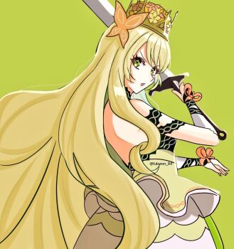 1girl bare_shoulders blonde_hair bow butterfly_hair_ornament celine_(fire_emblem) commentary_request crown dress fire_emblem fire_emblem_engage fuburon_84 green_eyes hair_ornament long_hair looking_at_viewer nintendo open_mouth orange_bow orange_trim princess smile solo very_long_hair wrist_bow yellow_dress