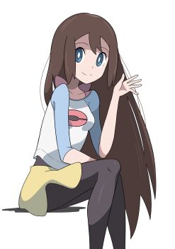 1girl absurdres araki_megami black_pantyhose breasts bright_pupils brown_hair closed_mouth collarbone commentary_request floating_hair highres long_hair looking_to_the_side nintendo no_headwear pantyhose partially_shaded_face pokemon pokemon_bw2 rosa_(pokemon) shirt simple_background sitting small_breasts solo standing white_background white_pupils white_shirt