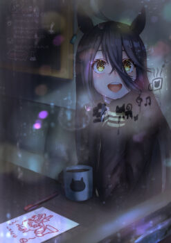 1girl ahoge animal_ears black_gloves black_hair booth_seating cafe coat coffee coffee_mug commentary_request condensation cup drawing_(object) ear_tag earrings from_outside glass_writing gloves hair_between_eyes hand_on_own_chin head_rest highres holding holding_cup horse_ears horse_girl jewelry long_bangs long_hair long_hair_between_eyes long_sleeves looking_outside manhattan_cafe_(creeping_shadow)_(umamusume) manhattan_cafe_(umamusume) menu_board mug multicolored_hair open_mouth paper pen rain reflection shirt single_earring sitting smile solo table umamusume window window_fog yami_anko yellow_eyes