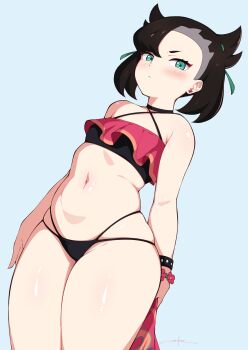 1girl armpit_crease asymmetrical_bangs asymmetrical_hair bikini black_bikini black_choker black_hair blush bracelet breasts choker cowboy_shot curvy earrings flower_bracelet green_eyes green_ribbon hair_ribbon highres jewelry looking_at_viewer marnie_(pokemon) marnie_(summer_2021)_(pokemon) navel nintendo pokemon pokemon_masters_ex ribbon simple_background skindentation small_breasts solo stomach stud_earrings swimsuit thighs twintails unsfrau v-shaped_eyebrows wide_hips