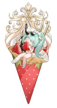 +_+ 1girl aqua_hair bikini blue_archive blush chibi chibi_only crepe devid_(devis515333) eating eyewear_on_head floral_print flower food fruit green_halo hair_flower hair_ornament hair_over_one_eye halo hashtag-only_commentary highres hiyori_(blue_archive) hiyori_(swimsuit)_(blue_archive) holding holding_food holding_fruit long_hair multicolored_bikini navel official_alternate_costume orange_bikini print_bikini side_ponytail solo star_halo strawberry sunglasses swimsuit white_bikini
