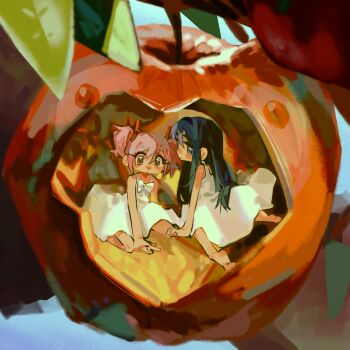 Rule 34 | 2girls, absurdres, akemi homura, apple, bare arms, barefoot, black hair, bow, dress, food, fruit, hair ribbon, highres, kaname madoka, leaf, looking at viewer, mahou shoujo madoka magica, mahou shoujo madoka magica (anime), mini person, minigirl, multiple girls, pink eyes, pink hair, purple eyes, rainyy, red ribbon, ribbon, short twintails, twintails, white bow, white dress