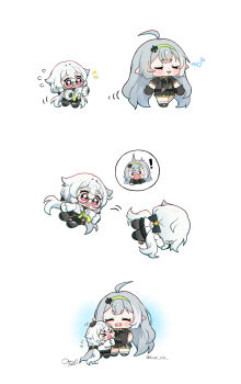 >_< 2girls :3 :d ahoge black-framed_eyewear black_bow black_gloves black_shirt black_shoes black_shorts blunt_bangs blush bow chibi chibi_only closed_eyes commentary falling female_tyrant_(stella_sora) full_body fuyuka_(stella_sora) glasses gloves green_hairband grey_hair hairband highres hue_oo long_hair motion_lines multiple_girls open_mouth pointy_ears red_eyes round_eyewear semi-rimless_eyewear shirt shoes short_sleeves shorts simple_background smile socks spoken_character standing stella_sora symbol-only_commentary tears twintails tyrant_(stella_sora) under-rim_eyewear very_long_hair white_background white_socks