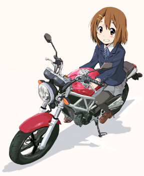 1girl black_pantyhose blue_ribbon blush brown_eyes brown_hair female_focus full_body hair_between_eyes hair_ornament hairclip hirasawa_yui jacket k-on! long_sleeves looking_at_viewer maruyo_ motor_vehicle motorcycle pantyhose ribbon sakuragaoka_high_school_uniform school_uniform shadow shirt shoes short_hair sitting skirt solo teeth white_shirt