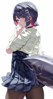 1girl black_hair breasts brown_pantyhose closed_mouth colored_inner_hair commentary_request ellen_joe ellen_joe_(on_campus) fins fish_tail highres large_breasts looking_at_viewer mole mole_under_eye multicolored_hair official_alternate_costume pantyhose red_eyes red_hair school_uniform shark_girl shark_tail shirt short_hair solo tail twitter_username two-tone_hair uenoryoma white_shirt zenless_zone_zero