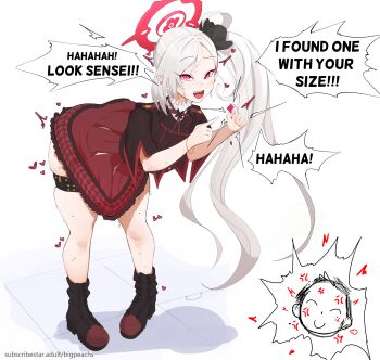 1boy 1girl angry bent_over black_boots black_jacket blazer blue_archive blush boots dot_nose english_text eyelashes full_body grey_hair halo hand_up highres humiliation index_finger_raised jacket kusogaki laughing loli long_hair looking_at_viewer multicolored_boots multicolored_jacket mutsuki_(blue_archive) open_mouth plaid_clothes plaid_skirt pointy_ears ponytail puri_(wettypeach) red_boots red_eyes red_halo red_jacket red_skirt sensei_(blue_archive) side_ponytail simple_background skirt small_penis_humiliation smile smug solo_focus standing teeth thick_thighs thigh_strap thighs two-tone_boots two-tone_jacket upper_teeth_only white_background