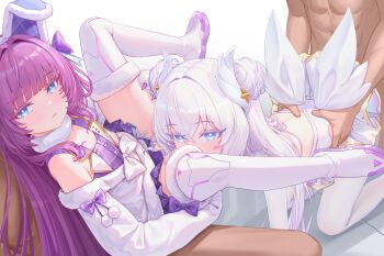 Rule 34 | 2boys, 2girls, absurdres, azur lane, bare shoulders, bisexual female, blue eyes, chinese commentary, closed mouth, clothed female nude male, commentary, cunnilingus, doggystyle, double bun, dress, fur-trimmed thighhighs, fur trim, group sex, hair bun, hair ornament, hetero, highres, le malin (azur lane), le malin (muse) (azur lane), linhangwei, long hair, multiple boys, multiple girls, nude, oral, orgy, pantyhose, purple hair, sex, sex from behind, spread legs, tashkent (azur lane), tashkent (muse) (azur lane), thighhighs, very long hair, white dress, white hair, white pantyhose, white thighhighs, wing hair ornament